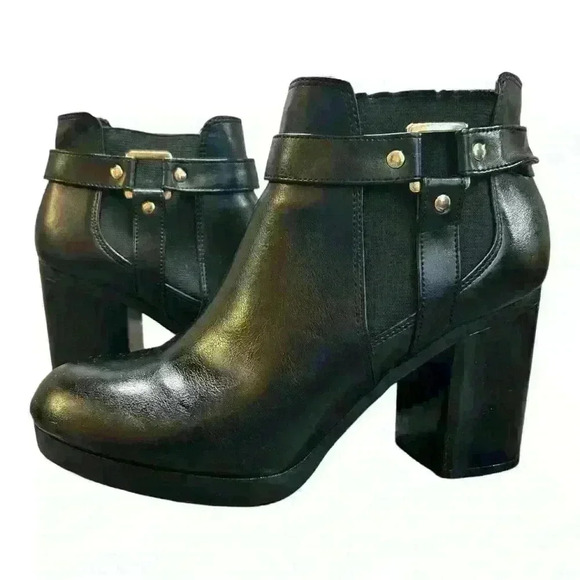Christian Siriano black chunky block heel gold strap ankle boot size 10 - Picture 1 of 15